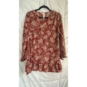 Crépas Women's Medium Red Floral Long Sleeve Ruffle Hem Tunic Top
